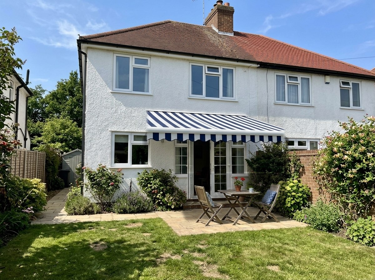 The same patio with a navy and white striped awning