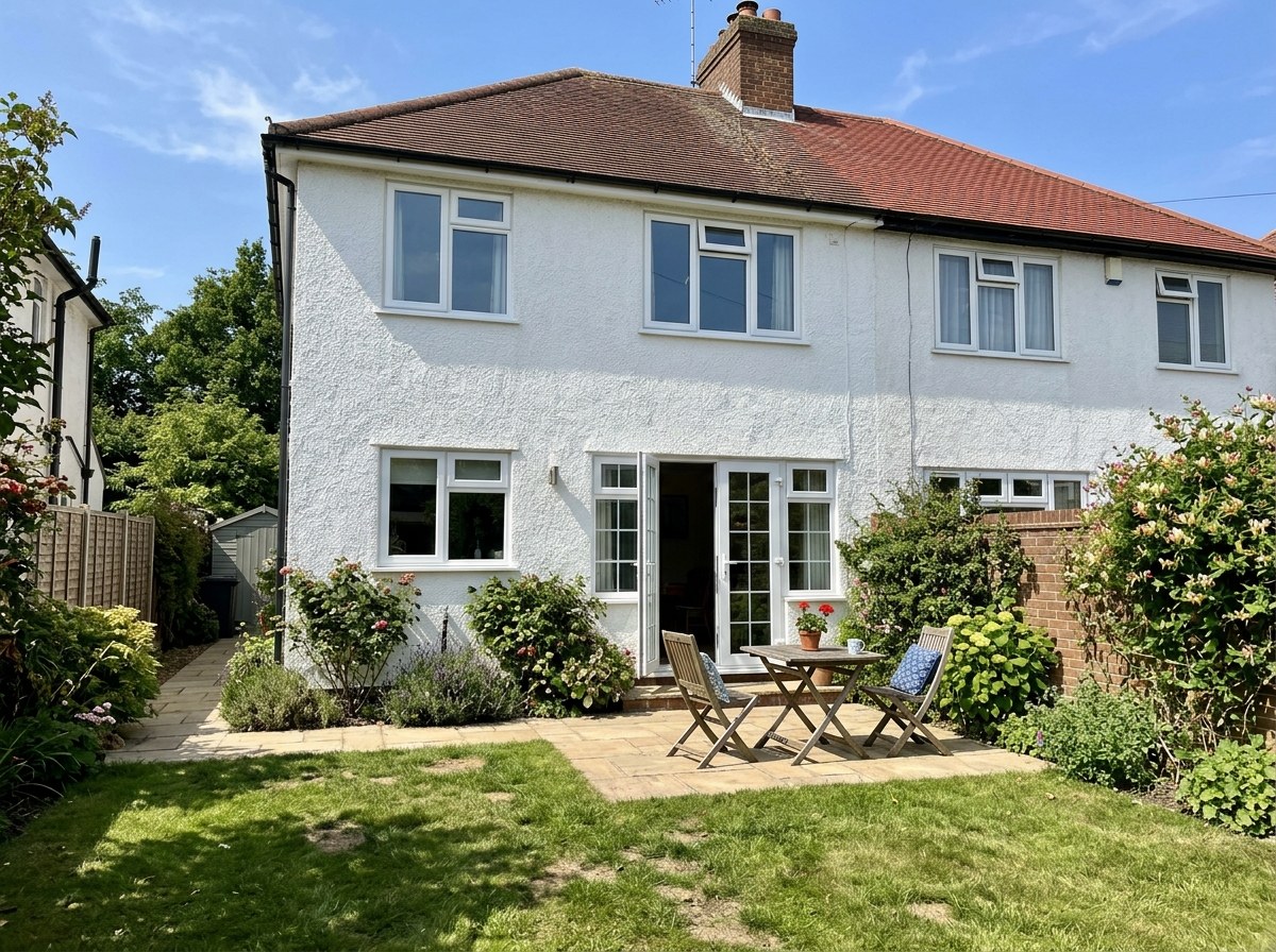 The back of a house with French doors onto a sunny patio